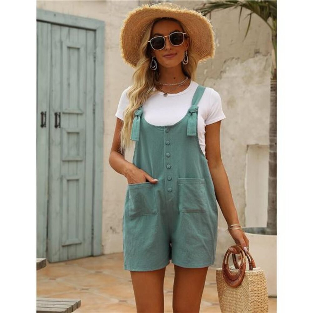 Women's Casual Summer Cotton Linen Rompers Overalls Jumpsuit Shorts - Picture 5 of 7